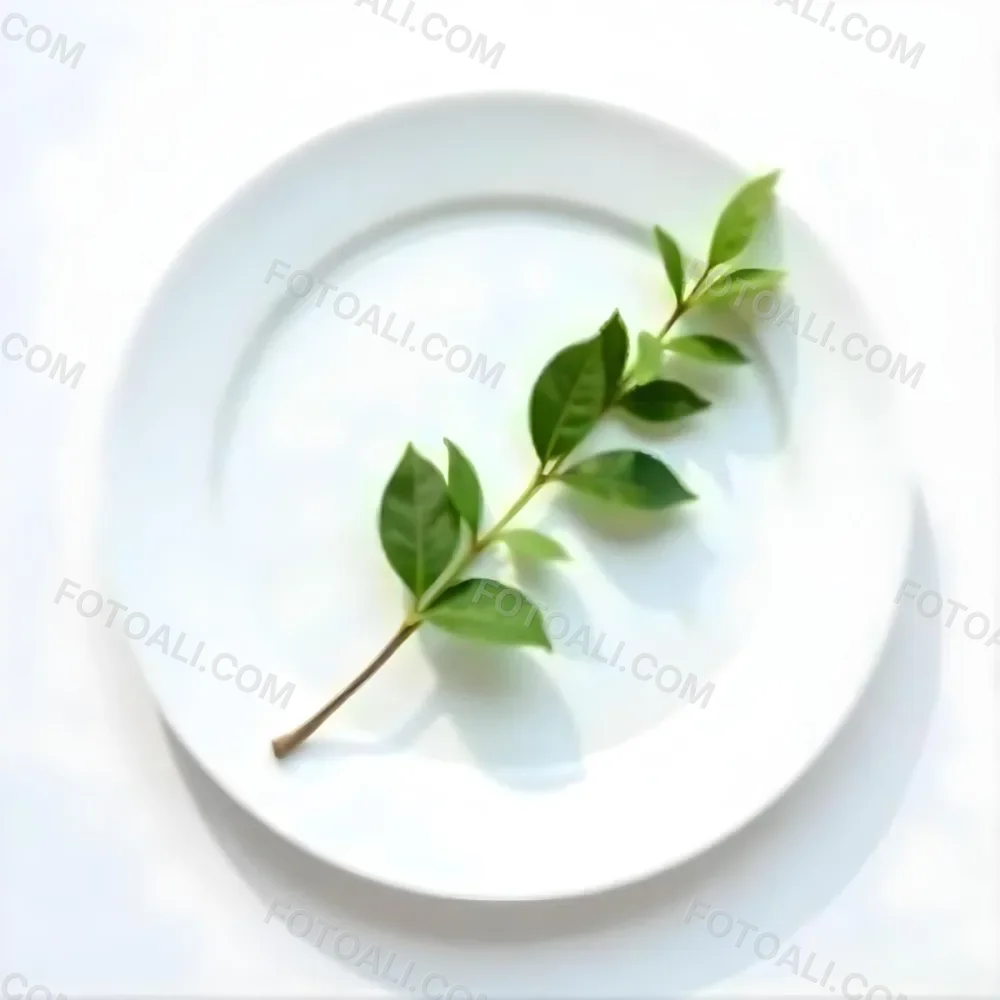 A White Plate With A Green Branch On Top Of It In A White Background 23 Cea5