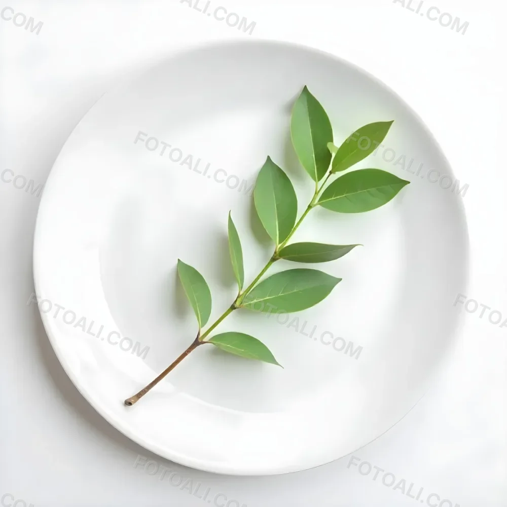 A White Plate With A Green Branch On Top Of It In A White Background 27 5276