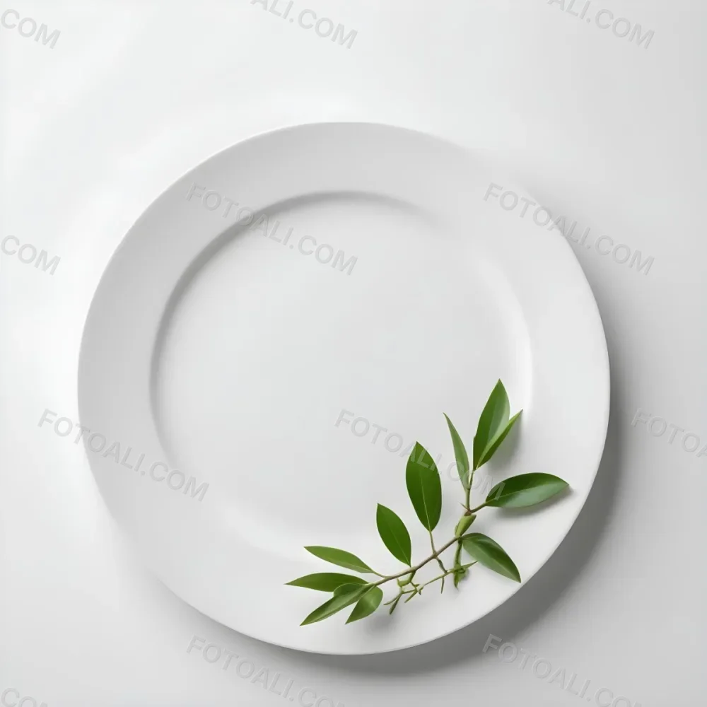 A White Plate With A Green Branch On Top Of It In A White Background 29 05d3
