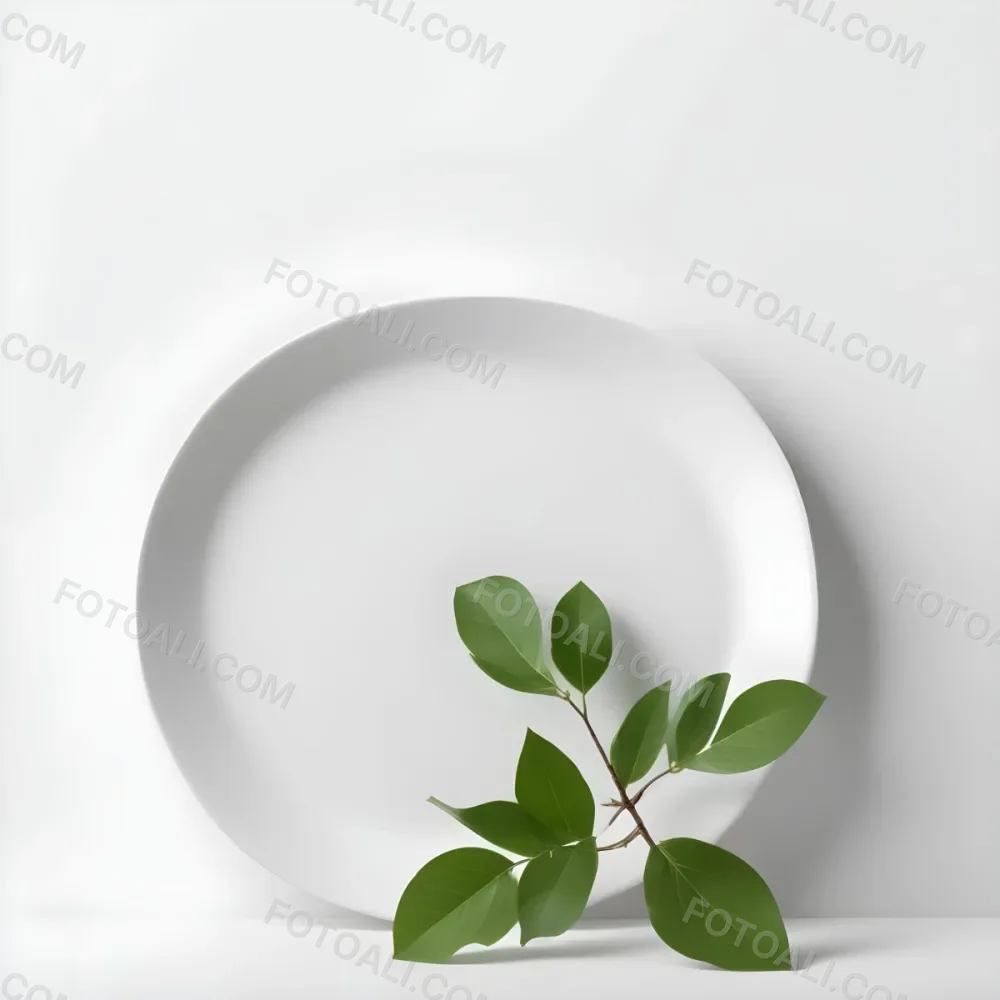 A White Plate With A Green Branch On Top Of It In A White Background 35 6944
