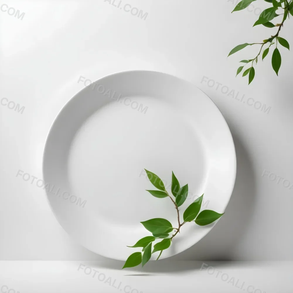 A White Plate With A Green Branch On Top Of It In A White Background 37 4ad5