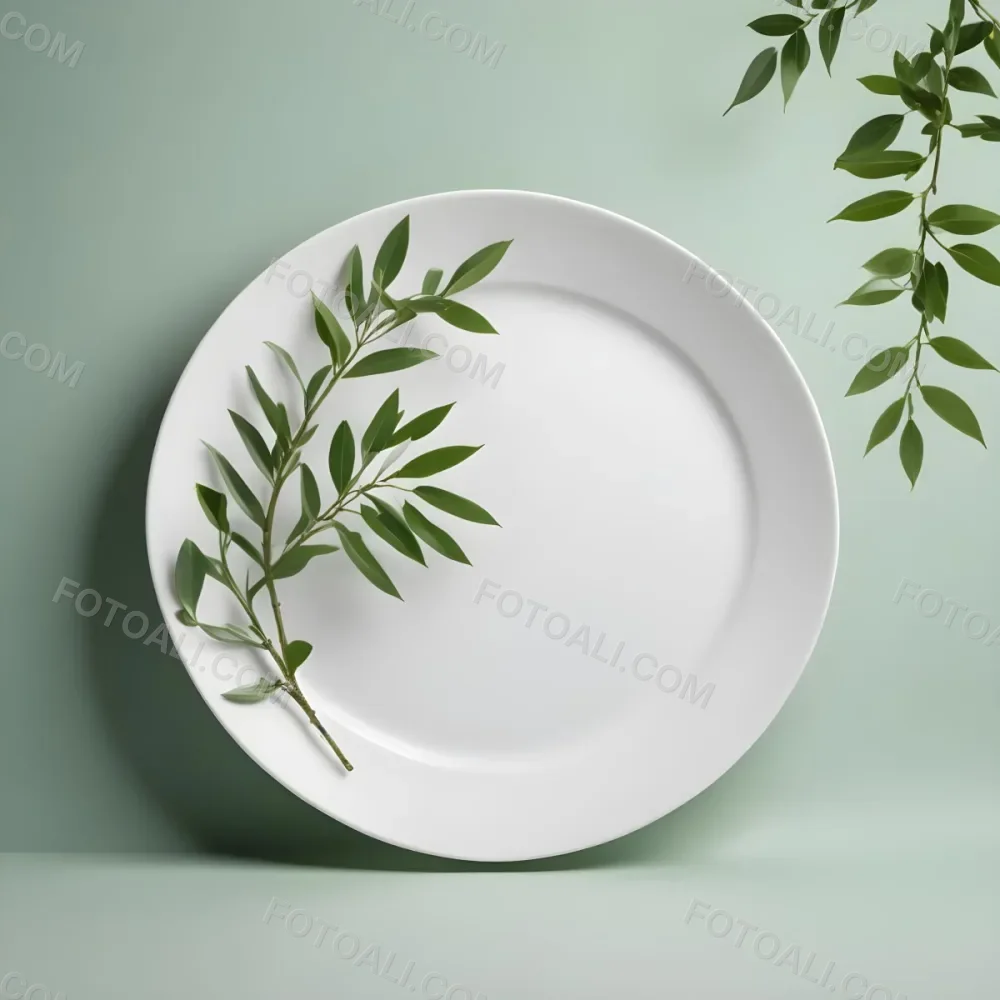 A White Plate With A Green Branch On Top Of It In A White Background 50 4ced