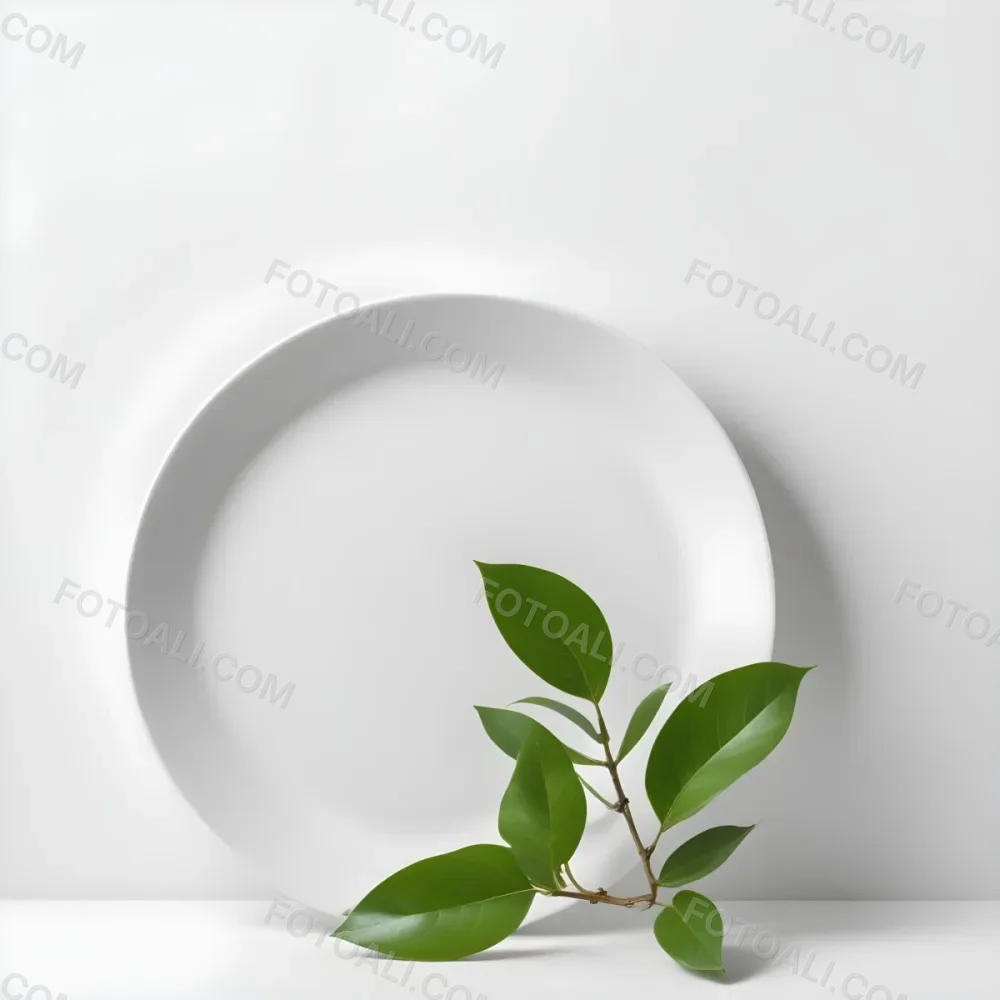 A White Plate With A Green Branch On Top Of It In A White Background 52 4d54