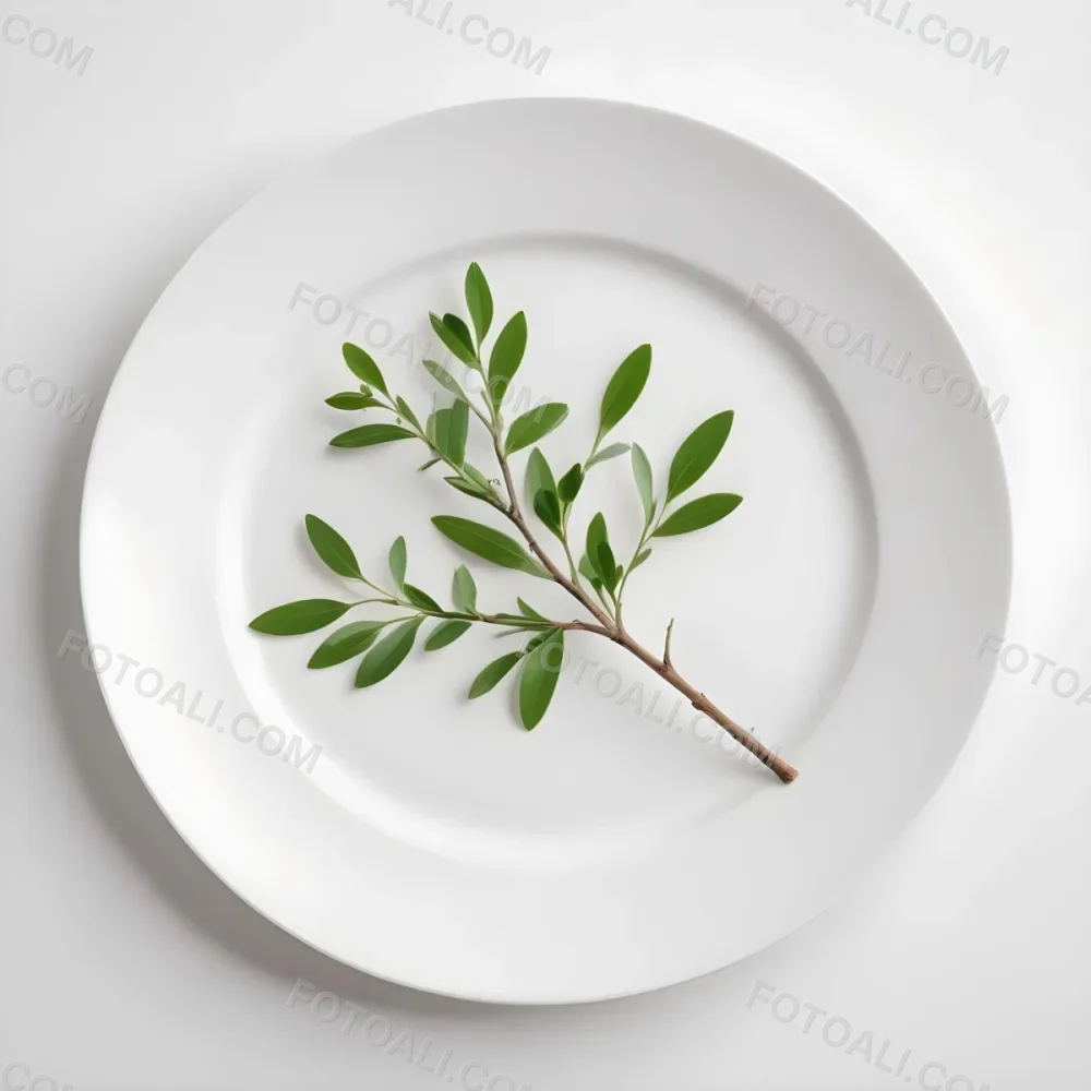 A White Plate With A Green Branch On Top Of It In A White Background 53 72d1