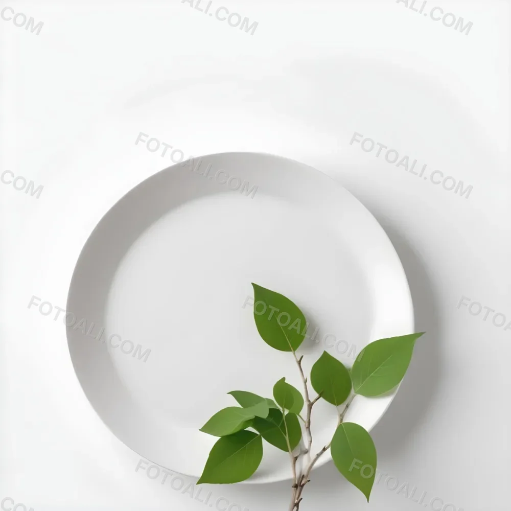 A White Plate With A Green Branch On Top Of It In A White Background 56 523a