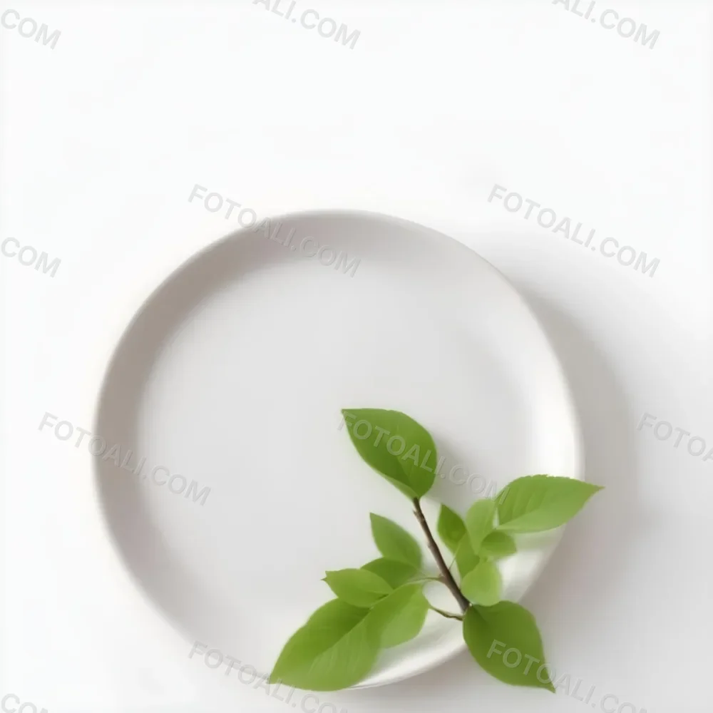 A White Plate With A Green Branch On Top Of It In A White Background 60 26f0