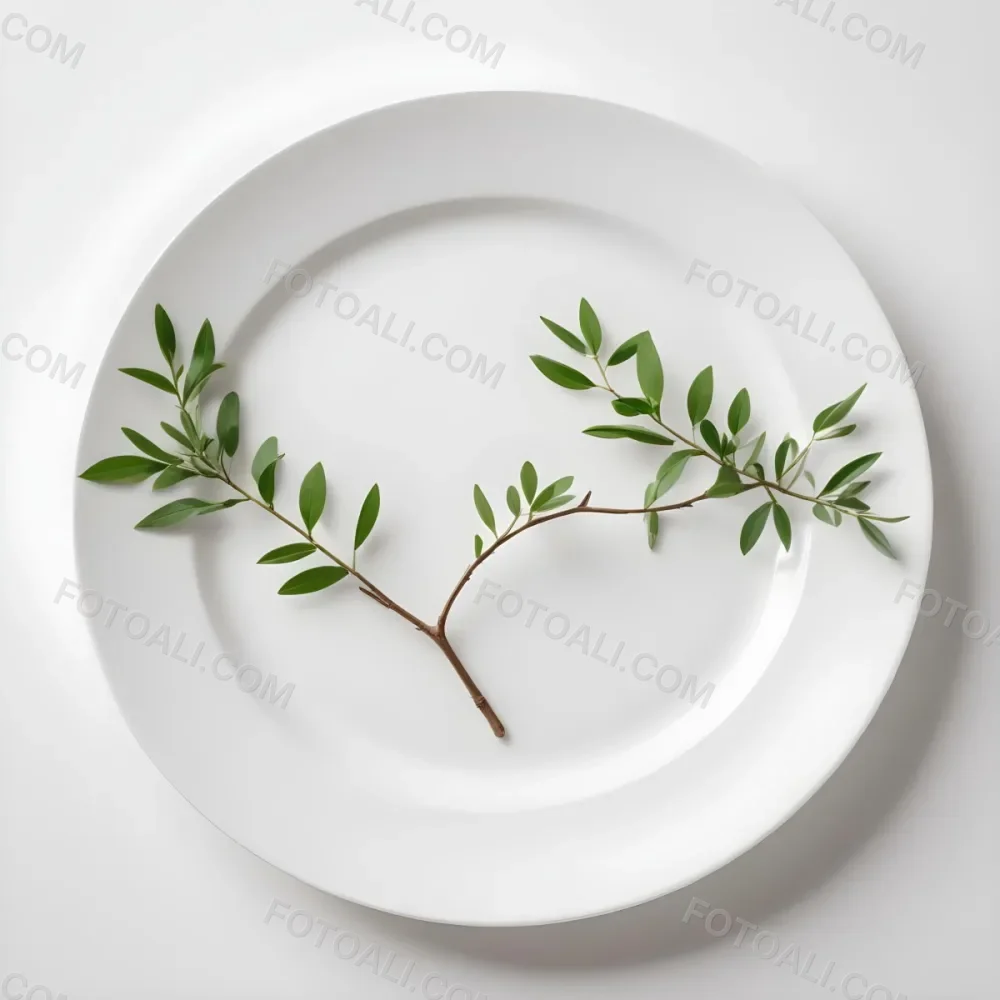 A White Plate With A Green Branch On Top Of It In A White Background 63 77a7