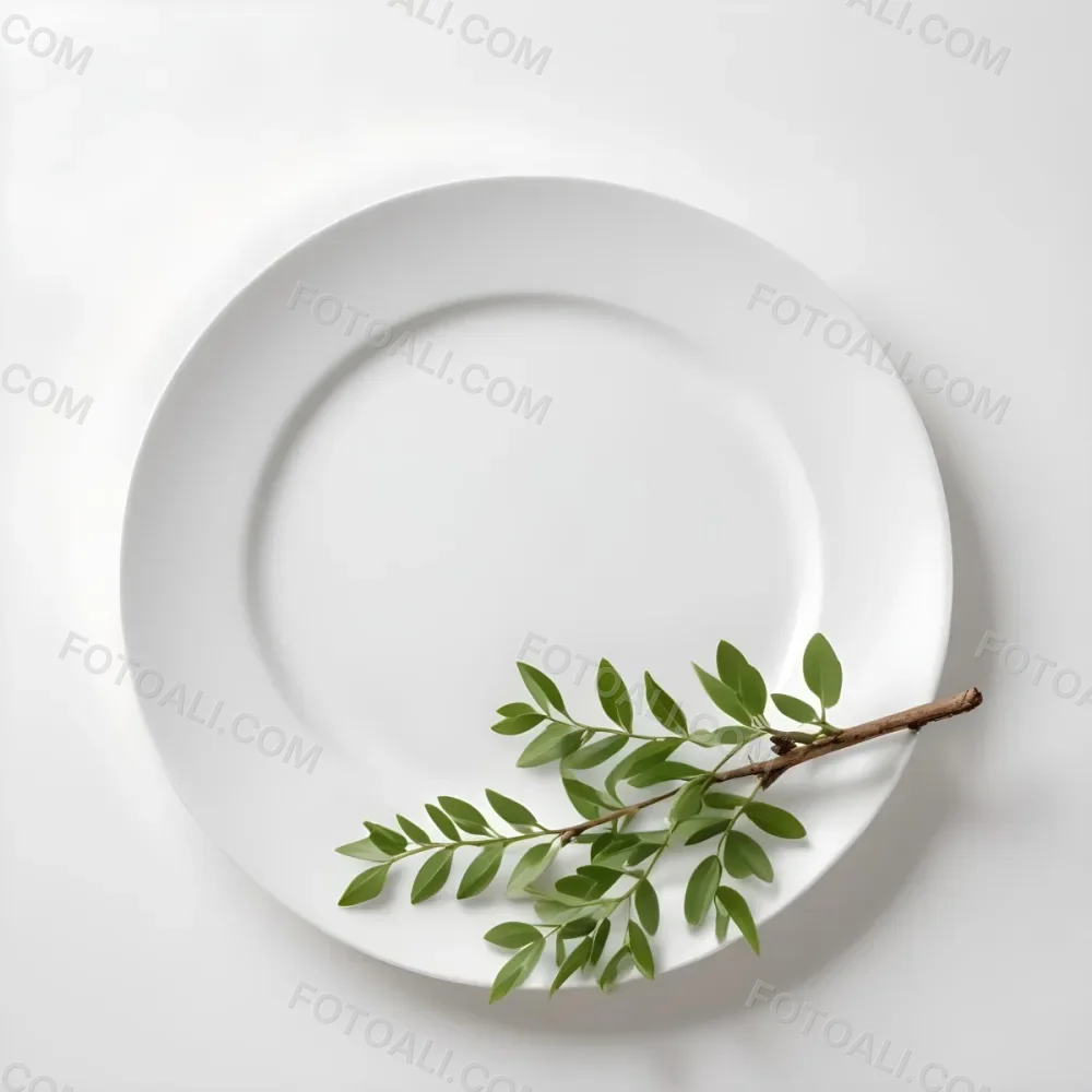 A White Plate With A Green Branch On Top Of It In A White Background 67 4267