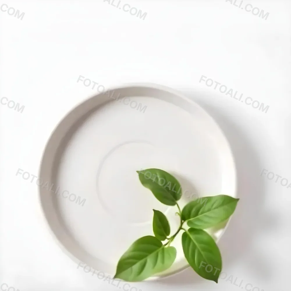 A White Plate With A Green Branch On Top Of It In A White Background 7 6f96