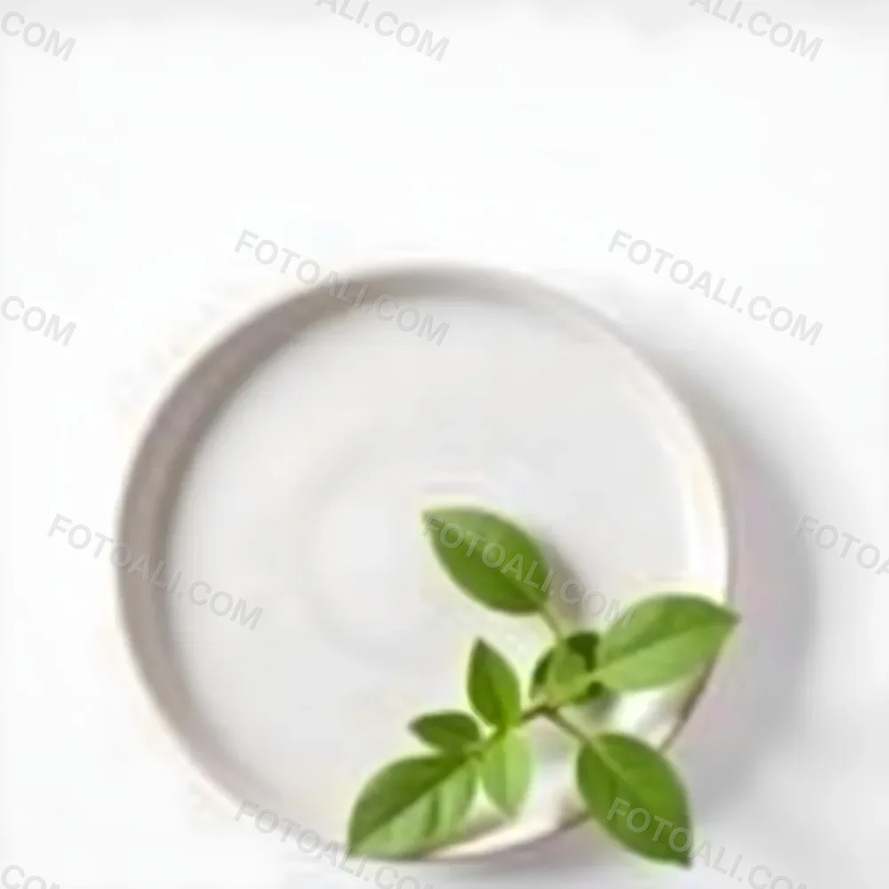 A White Plate With A Green Branch On Top Of It In A White Background 8 7272