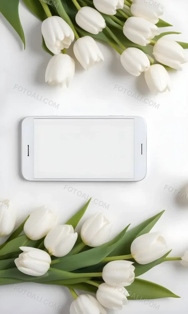 A White Smartphone With A Blank Screen Is Centered Among White Tulips And Green Leaves Creating A Floral Frame Around The Device The Background Is Light And Neutral Enhancing The Focus On The Phone And 3 095e