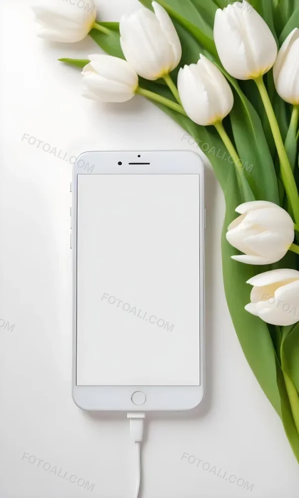 A White Smartphone With A Blank Screen Is Centered Among White Tulips And Green Leaves Creating A Floral Frame Around The Device The Background Is Light And Neutral Enhancing The Focus On The Phone And 4 4a23
