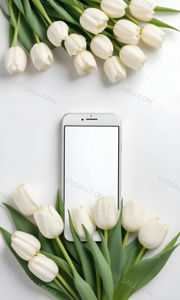 A White Smartphone With A Blank Screen Is Centered Among White Tulips And Green Leaves Creating A Floral Frame Around The Device The Background Is Light And Neutral Enhancing The Focus On The Phone And 5 1fbb