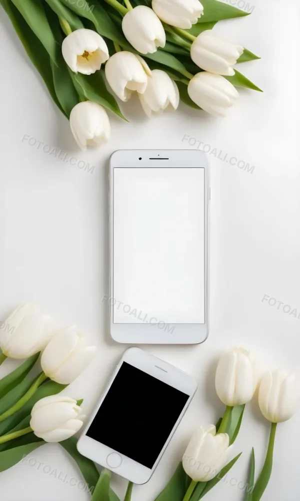 A White Smartphone With A Blank Screen Is Centered Among White Tulips And Green Leaves Creating A Floral Frame Around The Device The Background Is Light And Neutral Enhancing The Focus On The Phone And 6 7dcb