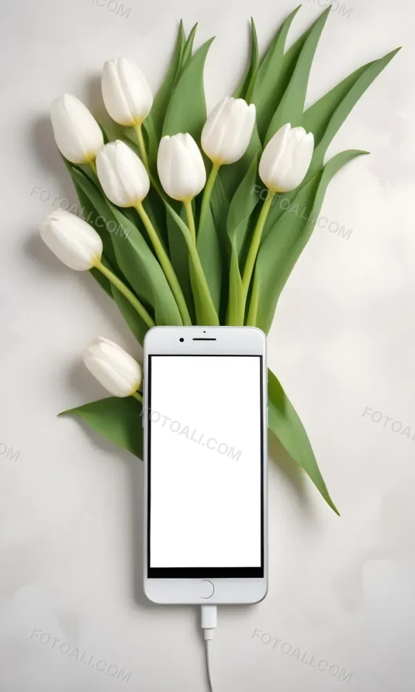 A White Smartphone With A Blank Screen Is Centered Among White Tulips And Green Leaves Creating A Floral Frame Around The Device The Background Is Light And Neutral Enhancing The Focus On The Phone And 7 D289