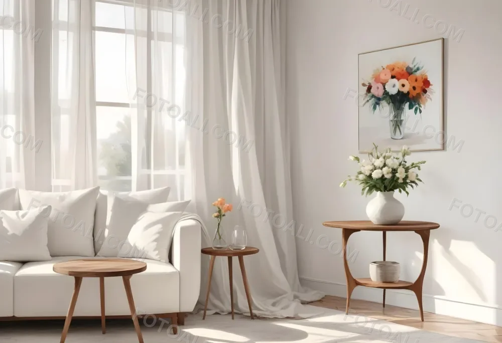 A White Sofa With Wooden Legs Next To A Wooden Table With A Vase And Flowers A White Lamp Hanging From The Wall White Wall And Curtains 11 02d7