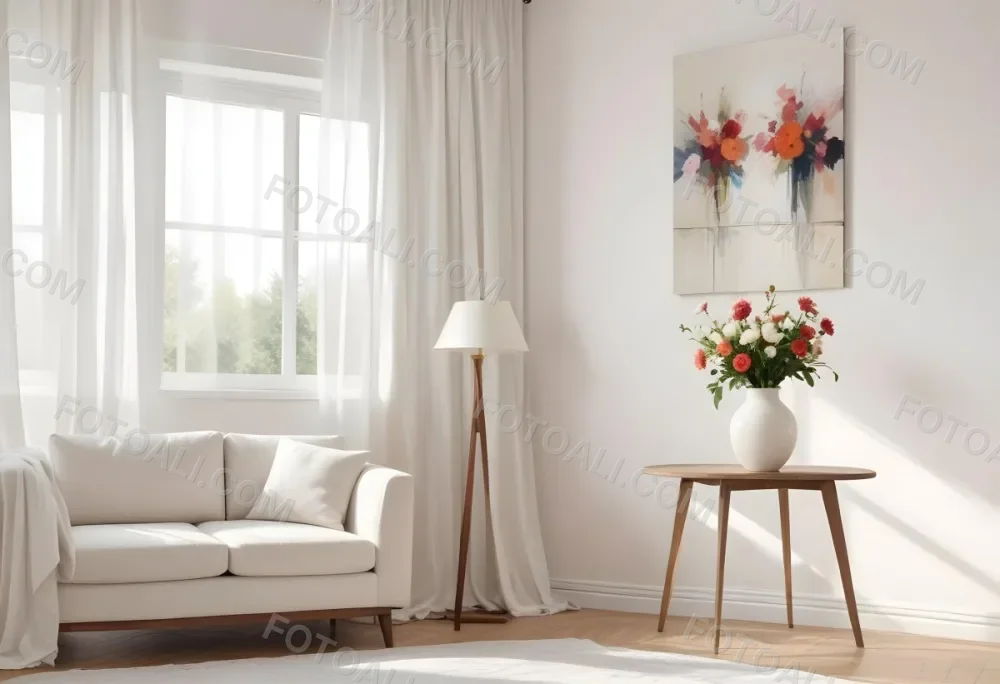 A White Sofa With Wooden Legs Next To A Wooden Table With A Vase And Flowers A White Lamp Hanging From The Wall White Wall And Curtains 12 D498