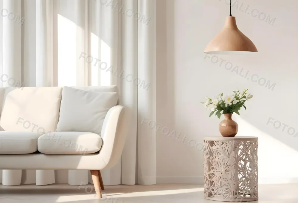 A White Sofa With Wooden Legs Next To A Wooden Table With A Vase And Flowers A White Lamp Hanging From The Wall White Wall And Curtains 15 F72e