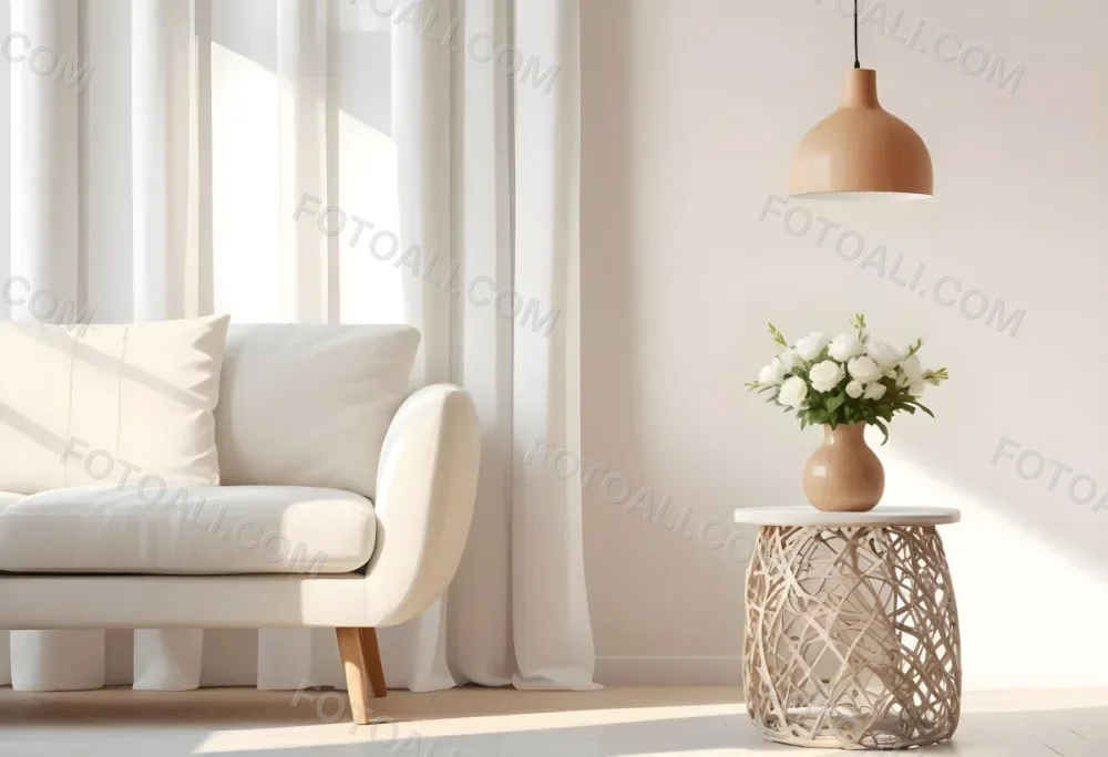 A White Sofa With Wooden Legs Next To A Wooden Table With A Vase And Flowers A White Lamp Hanging From The Wall White Wall And Curtains 16 0cbc