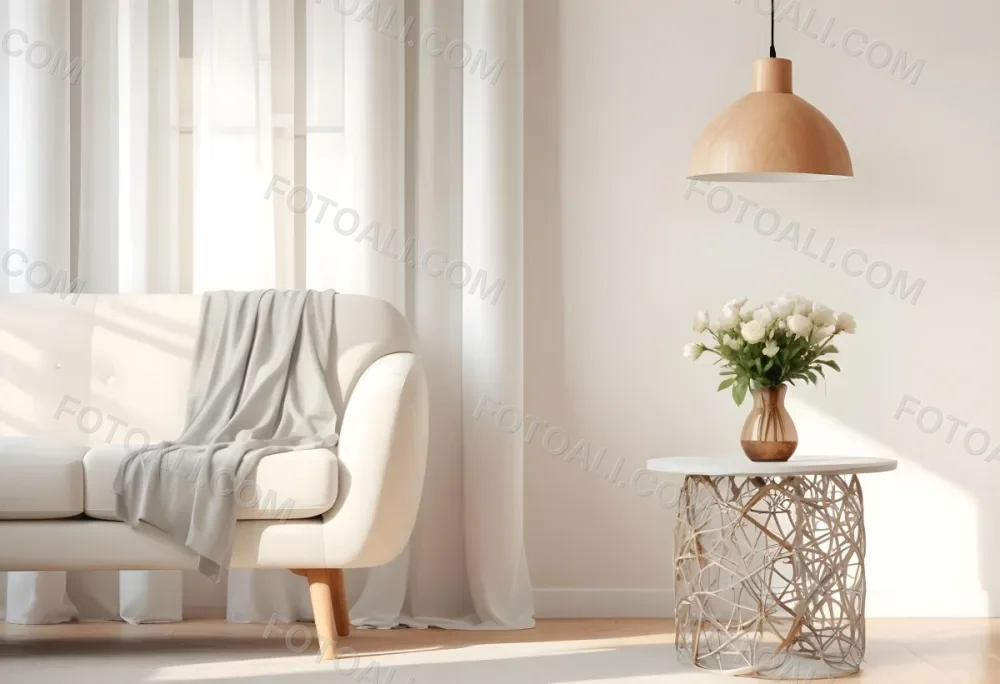 A White Sofa With Wooden Legs Next To A Wooden Table With A Vase And Flowers A White Lamp Hanging From The Wall White Wall And Curtains 17 9851