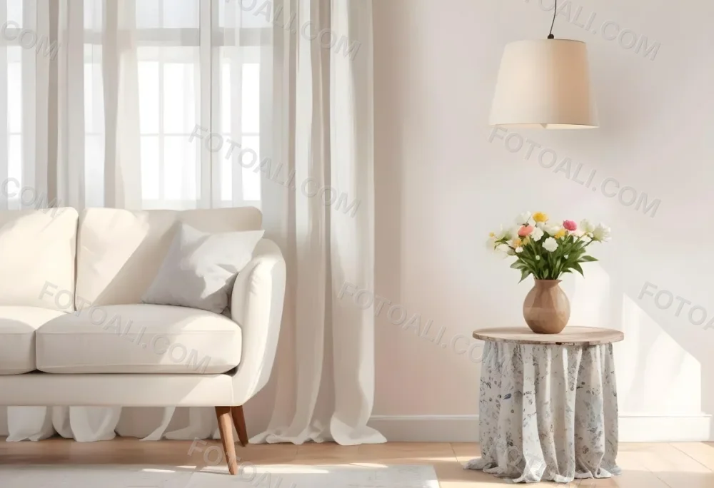 A White Sofa With Wooden Legs Next To A Wooden Table With A Vase And Flowers A White Lamp Hanging From The Wall White Wall And Curtains 20 18f7
