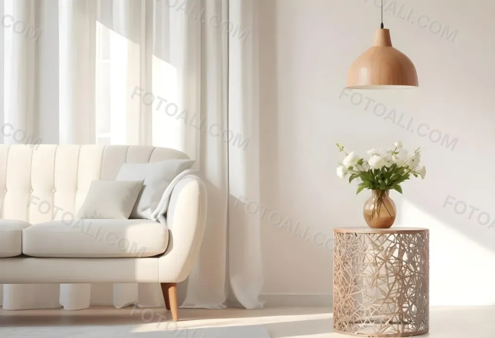 A White Sofa With Wooden Legs Next To A Wooden Table With A Vase And Flowers A White Lamp Hanging From The Wall White Wall And Curtains 21 5ce8