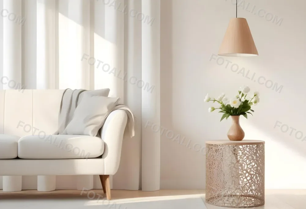 A White Sofa With Wooden Legs Next To A Wooden Table With A Vase And Flowers A White Lamp Hanging From The Wall White Wall And Curtains 22 D7a2