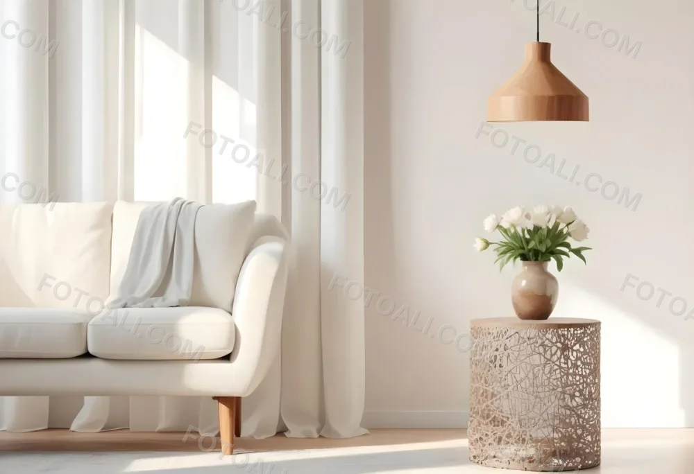 A White Sofa With Wooden Legs Next To A Wooden Table With A Vase And Flowers A White Lamp Hanging From The Wall White Wall And Curtains 23 76cc