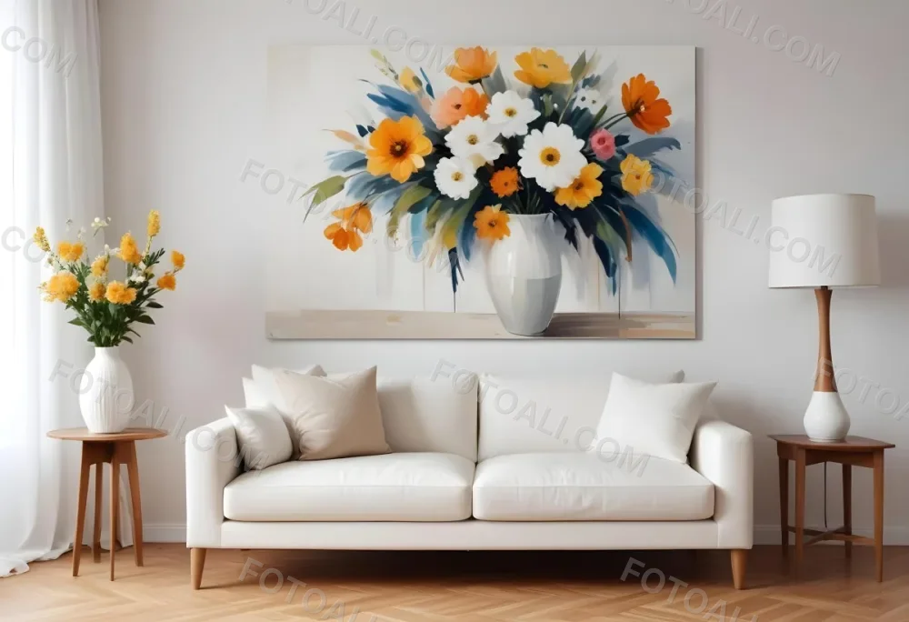 A White Sofa With Wooden Legs Next To A Wooden Table With A Vase And Flowers A White Lamp Hanging From The Wall White Wall And Curtains 3 D4cc