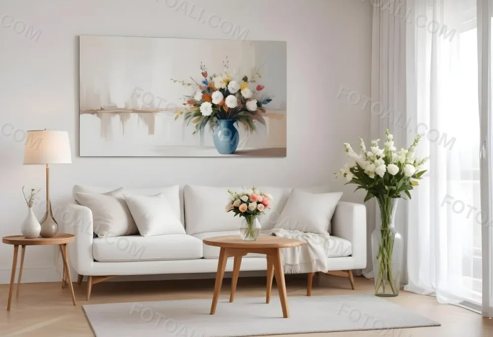 A White Sofa With Wooden Legs Next To A Wooden Table With A Vase And Flowers A White Lamp Hanging From The Wall White Wall And Curtains 4 5d0d