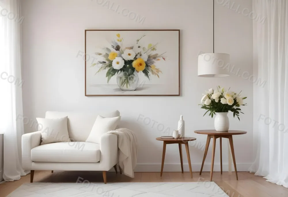 A White Sofa With Wooden Legs Next To A Wooden Table With A Vase And Flowers A White Lamp Hanging From The Wall White Wall And Curtains 5 9d20