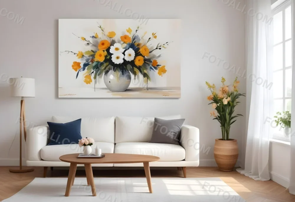 A White Sofa With Wooden Legs Next To A Wooden Table With A Vase And Flowers A White Lamp Hanging From The Wall White Wall And Curtains 6 A69a