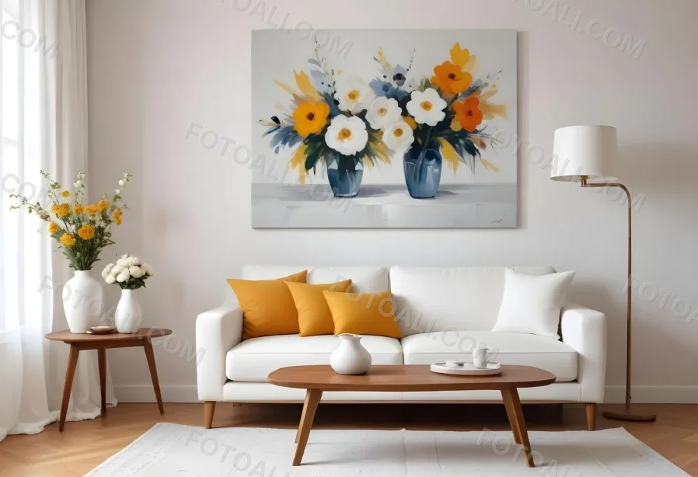 A White Sofa With Wooden Legs Next To A Wooden Table With A Vase And Flowers A White Lamp Hanging From The Wall White Wall And Curtains 7 2bf3