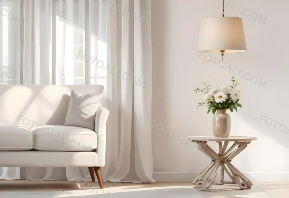 A White Sofa With Wooden Legs Next To A Wooden Table With A Vase And Flowers A White Lamp Hanging From The Wall White Wall And Curtains 9 E29c