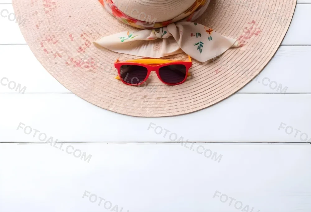 A White Sun Hat With A Floral Scarf And White Sunglasses On A White Wooden Surface Summer Vacation Concept Top View 15 C31a