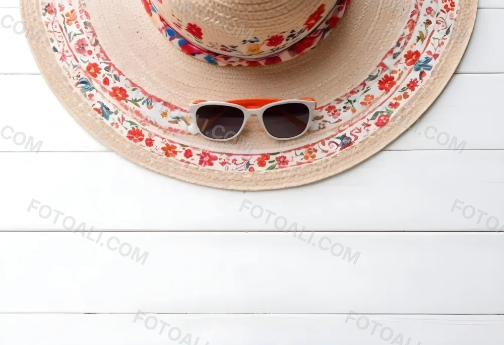 A White Sun Hat With A Floral Scarf And White Sunglasses On A White Wooden Surface Summer Vacation Concept Top View 16 A833