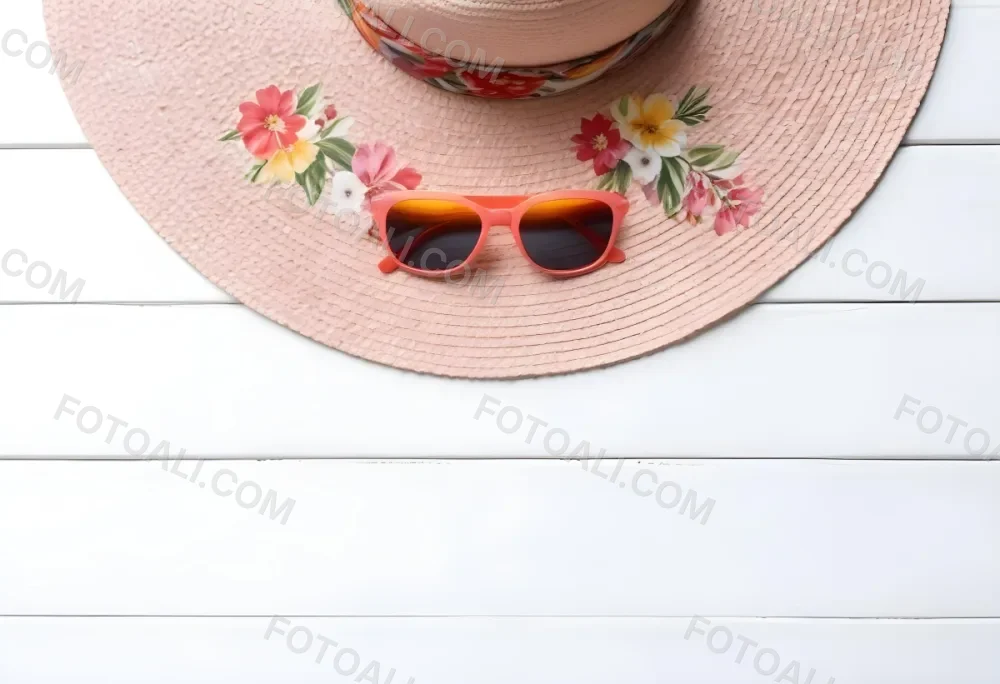 A White Sun Hat With A Floral Scarf And White Sunglasses On A White Wooden Surface Summer Vacation Concept Top View 17 73ce
