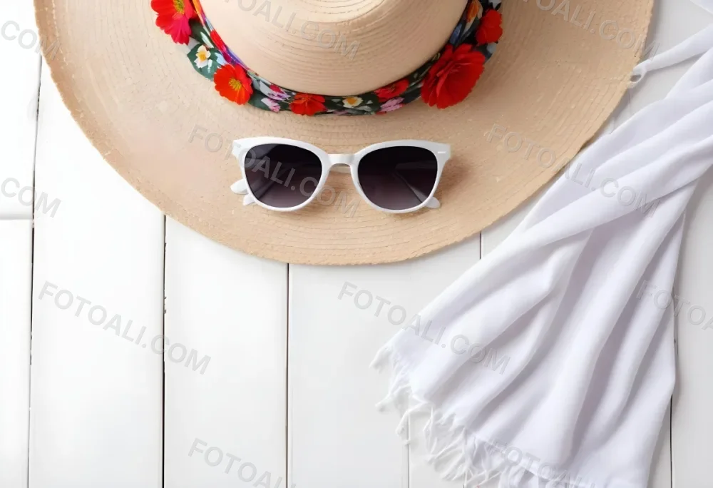 A White Sun Hat With A Floral Scarf And White Sunglasses On A White Wooden Surface Summer Vacation Concept Top View 18 79ea