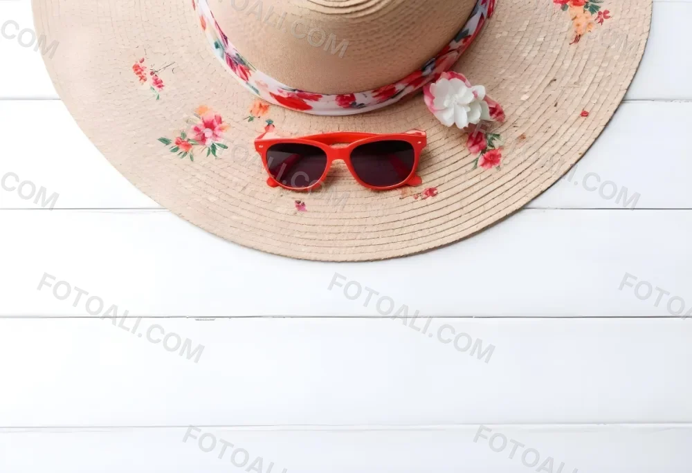 A White Sun Hat With A Floral Scarf And White Sunglasses On A White Wooden Surface Summer Vacation Concept Top View 22 C792