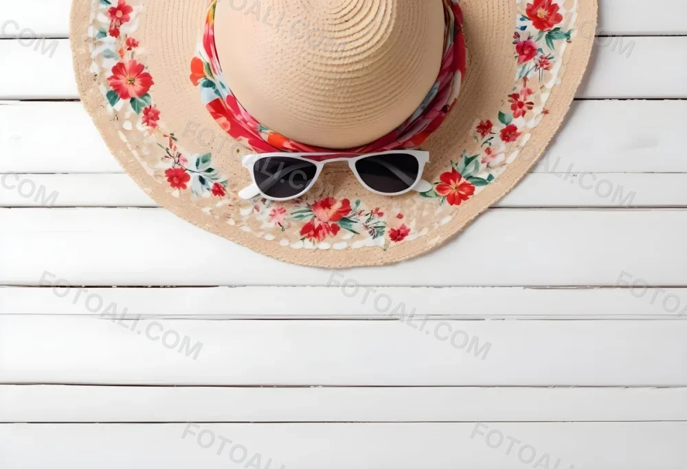 A White Sun Hat With A Floral Scarf And White Sunglasses On A White Wooden Surface Summer Vacation Concept Top View 25 987f