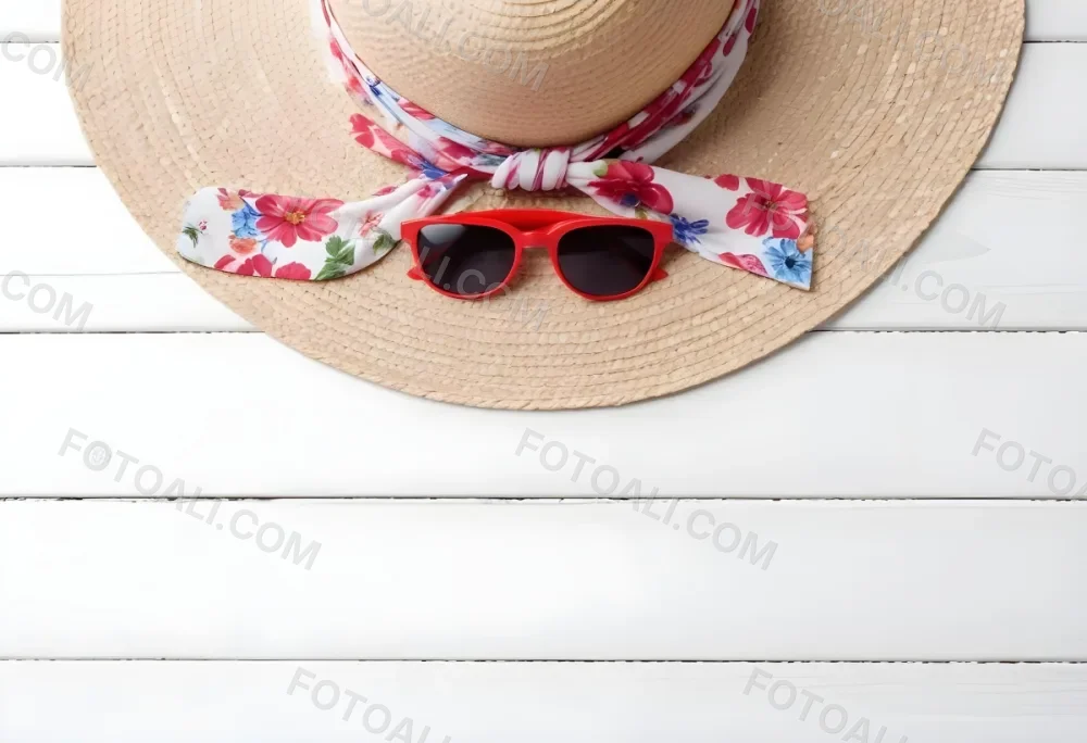 A White Sun Hat With A Floral Scarf And White Sunglasses On A White Wooden Surface Summer Vacation Concept Top View 31 B2d7