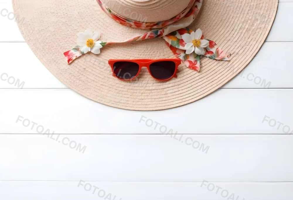 A White Sun Hat With A Floral Scarf And White Sunglasses On A White Wooden Surface Summer Vacation Concept Top View 32 56e0