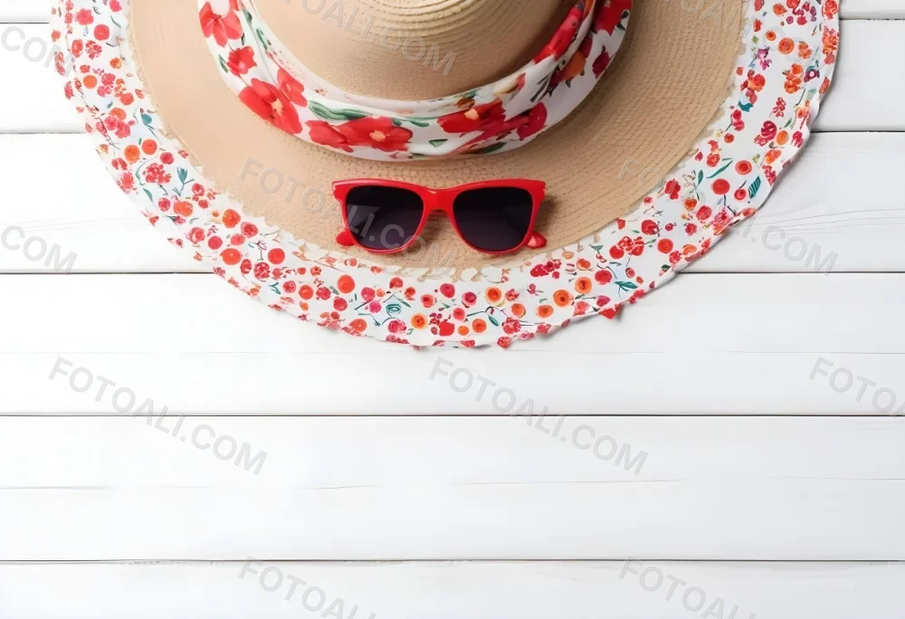 A White Sun Hat With A Floral Scarf And White Sunglasses On A White Wooden Surface Summer Vacation Concept Top View 33 Ca4e