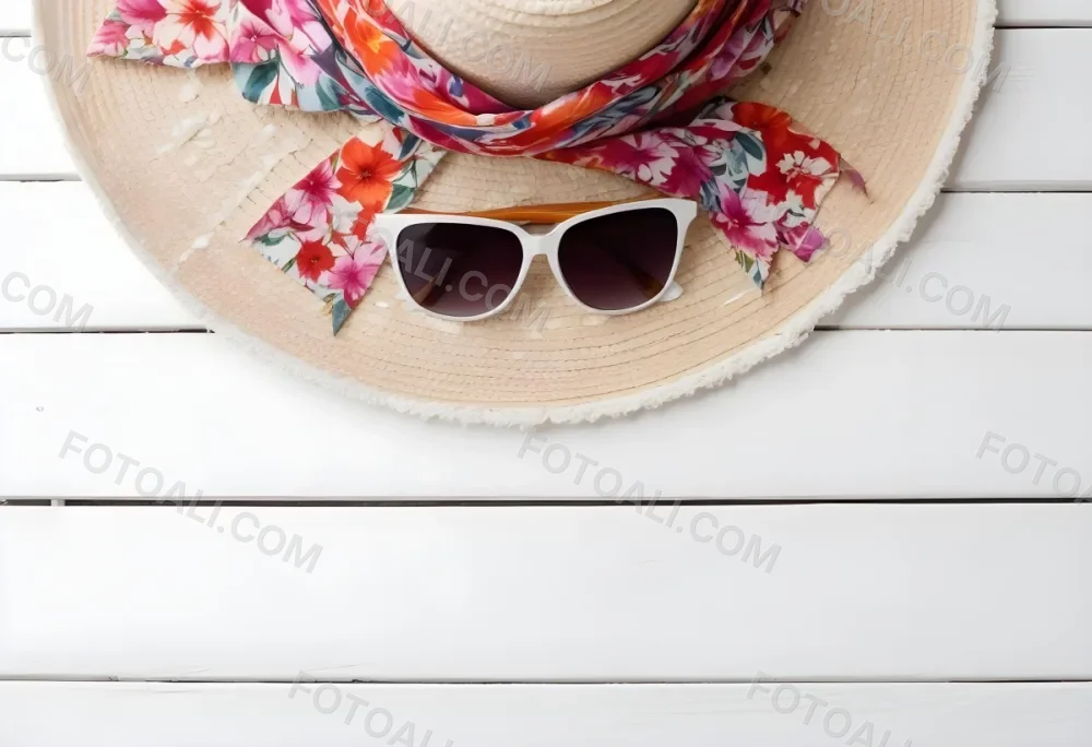 A White Sun Hat With A Floral Scarf And White Sunglasses On A White Wooden Surface Summer Vacation Concept Top View 35 92be