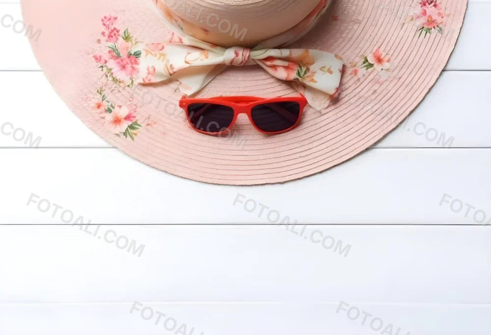 A White Sun Hat With A Floral Scarf And White Sunglasses On A White Wooden Surface Summer Vacation Concept Top View 36 E336