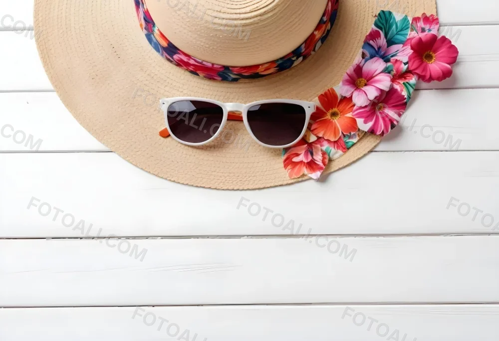 A White Sun Hat With A Floral Scarf And White Sunglasses On A White Wooden Surface Summer Vacation Concept Top View 37 77c3