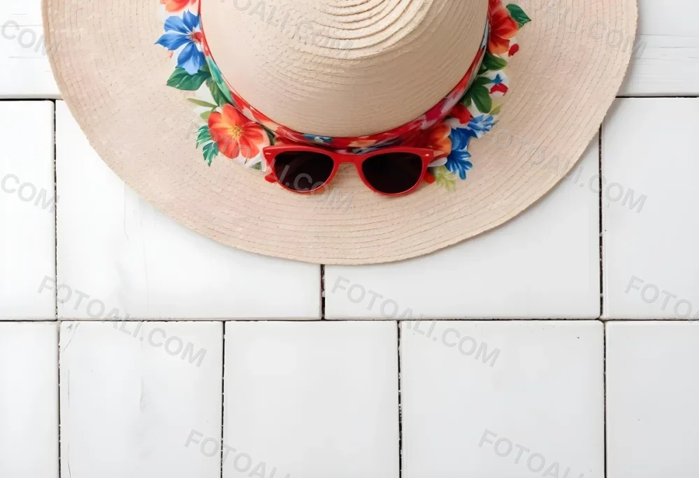 A White Sun Hat With A Floral Scarf And White Sunglasses On A White Wooden Surface Summer Vacation Concept Top View 4 6388