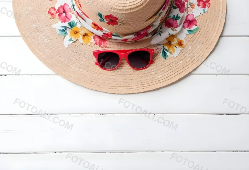 A White Sun Hat With A Floral Scarf And White Sunglasses On A White Wooden Surface Summer Vacation Concept Top View 5 1649