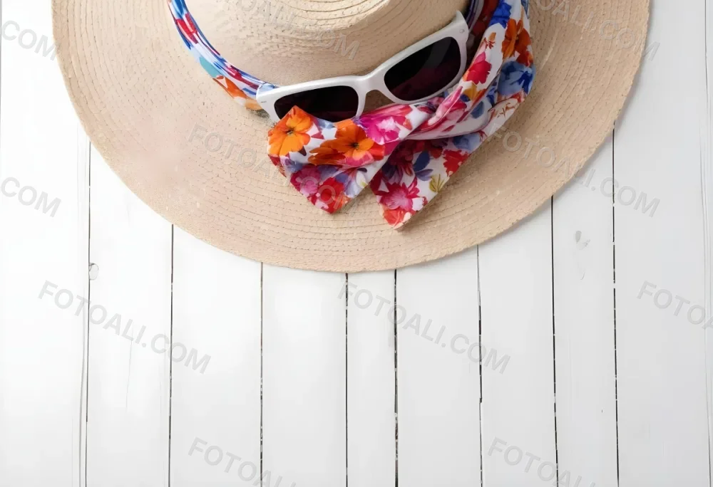 A White Sun Hat With A Floral Scarf And White Sunglasses On A White Wooden Surface Summer Vacation Concept Top View 6 6d62
