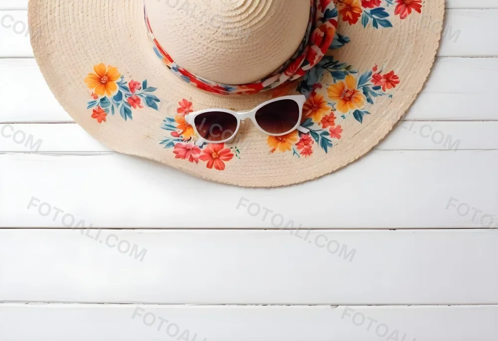 A White Sun Hat With A Floral Scarf And White Sunglasses On A White Wooden Surface Summer Vacation Concept Top View 7 E870